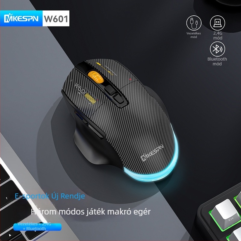 Gamer egér W601 – 12800 DPI, USB interfész, 2.4G vezeték nélküli, 7 gomb, Makró támogatás