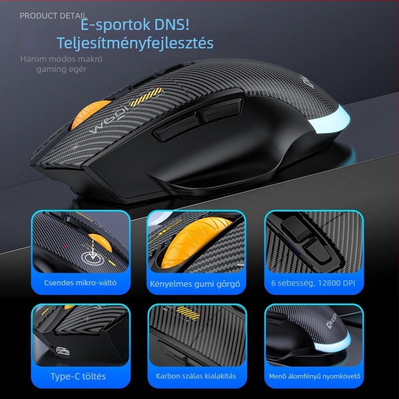 Gamer egér W601 – 12800 DPI, USB interfész, 2.4G vezeték nélküli, 7 gomb, Makró támogatás