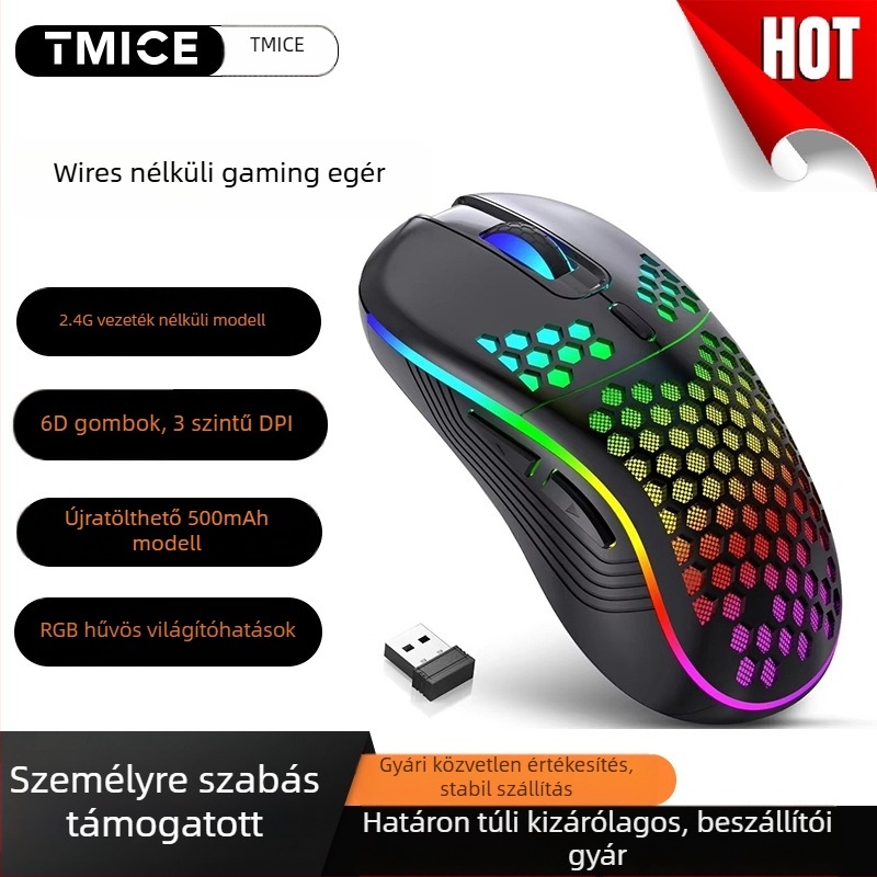 Vezeték nélküli gamer egér RGB világítással, 2.4G USB, 2600 DPI állítható, 6 gomb, 10 m hatótávolság (2.4G vezeték nélküli kapcsolat, USB interfész, 2600 DPI állítható, 6 gomb, 10 m hatótávolság)