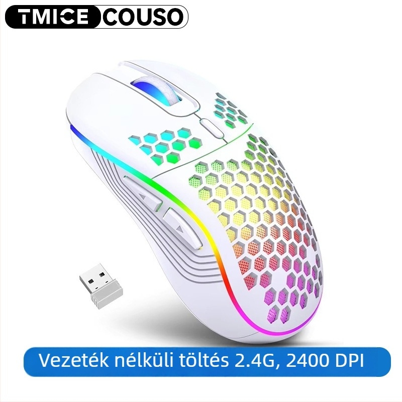 Vezeték nélküli gamer egér RGB világítással, 2.4G USB, 2600 DPI állítható, 6 gomb, 10 m hatótávolság (2.4G vezeték nélküli kapcsolat, USB interfész, 2600 DPI állítható, 6 gomb, 10 m hatótávolság)