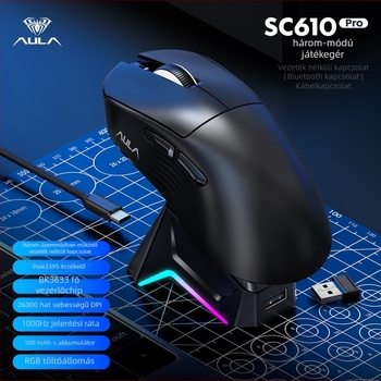 Wolf Spider Sc610Pro vezeték nélküli játékegér Bluetooth + 2,4 GHz hárommódú, 6 gomb, DPI 1200–26000, 61 g tömeg, töltőbázis