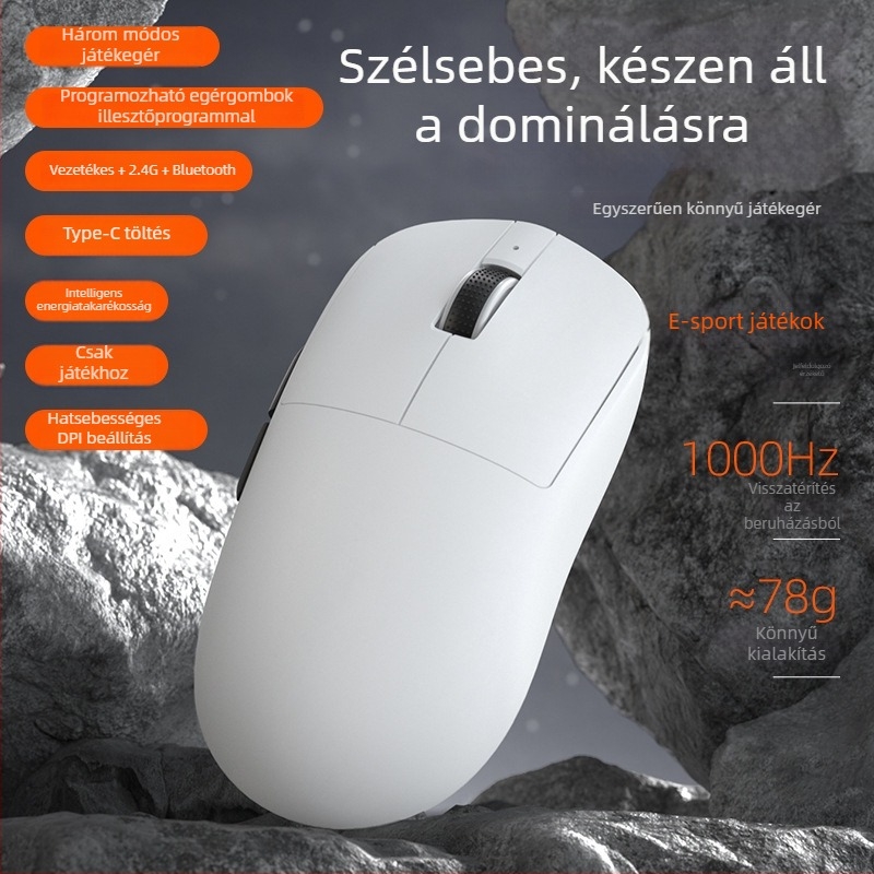 Játék egér három üzemmóddal: 2.4G vezeték nélküli, Bluetooth és vezetékes, 6400 DPI, 7 gombok, USB interfész.