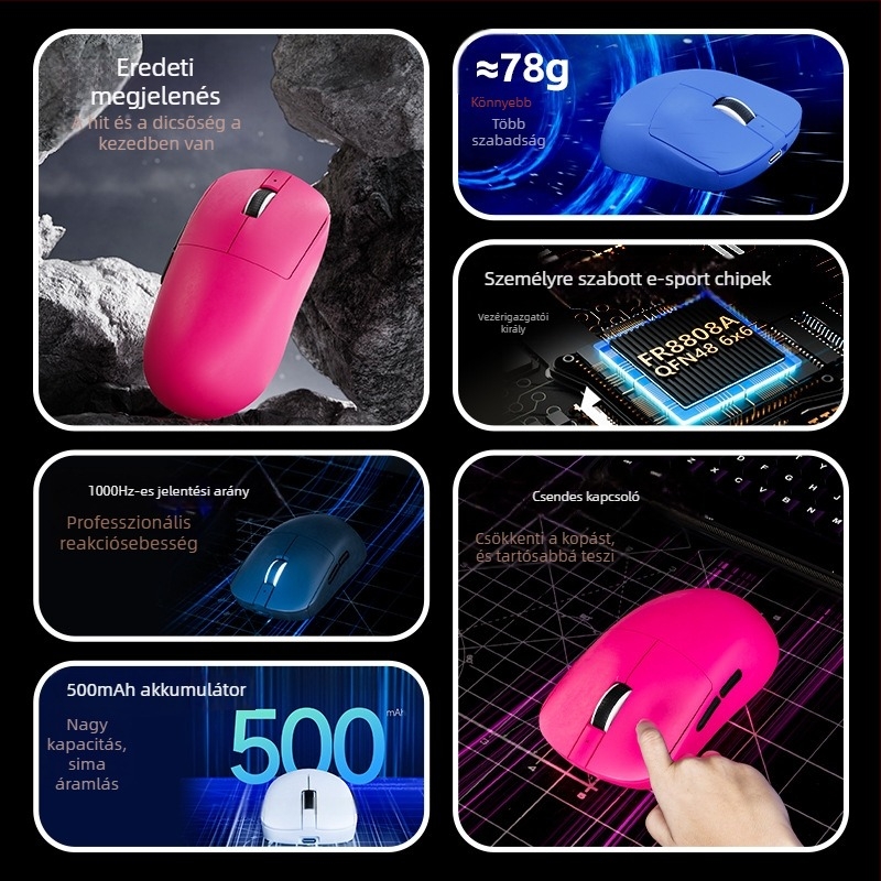 Játék egér három üzemmóddal: 2.4G vezeték nélküli, Bluetooth és vezetékes, 6400 DPI, 7 gombok, USB interfész.