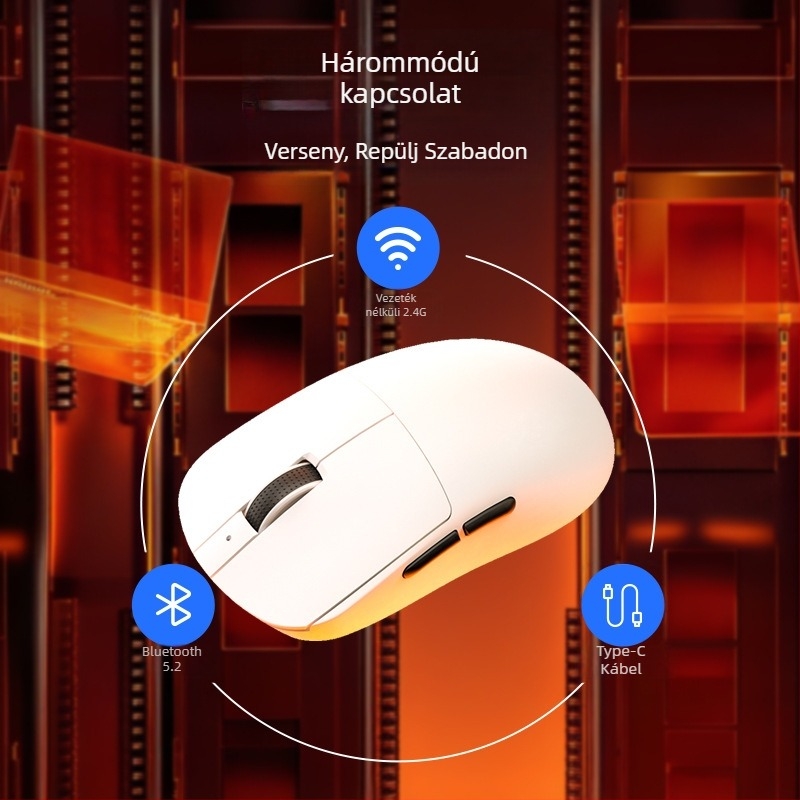 Játék egér három üzemmóddal: 2.4G vezeték nélküli, Bluetooth és vezetékes, 6400 DPI, 7 gombok, USB interfész.
