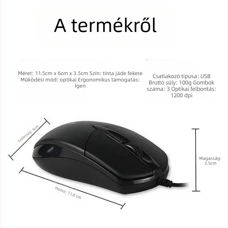Vezetékes optikai egér USB csatlakozással és 2 gombbal
