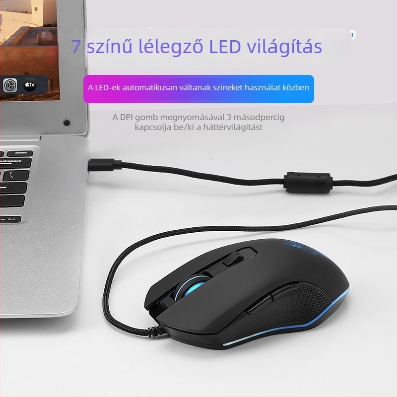 Optikai USB vezetékes egér csendes világítással, 2400dpi, 6 gomb, négy szintre állítható felbontás, irodai és játék célokra