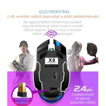 Optikai vezeték nélküli egér USB interfésszel, 1000 DPI, 5-szint DPI állítás, vezeték nélküli töltés