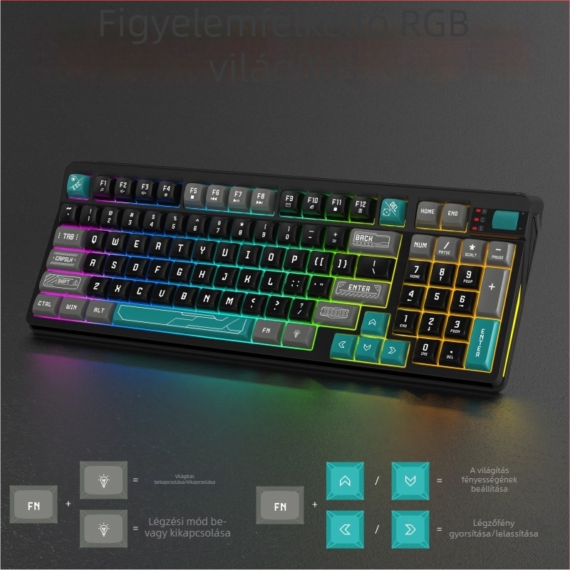 SOREX K97 gaming billentyűzet, X architektúra kulcstechnológia, RGB háttérvilágítás, vezetékes kapcsolat, csuklótámasz