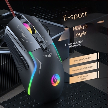 Kábeles gaming egér 5600 DPI-vel, 7 programozható gombbal, makrózás, RGB világítás, USB interfész