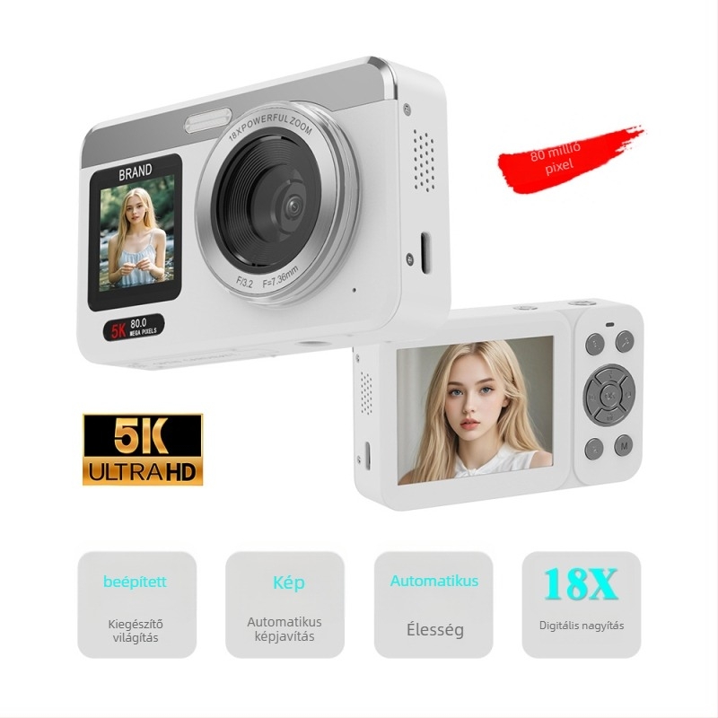 Selfie digitális kamera 80MP CMOS, 5K videó, 18x optikai zoom, hordozható duál kijelző, manuális üzemmód
