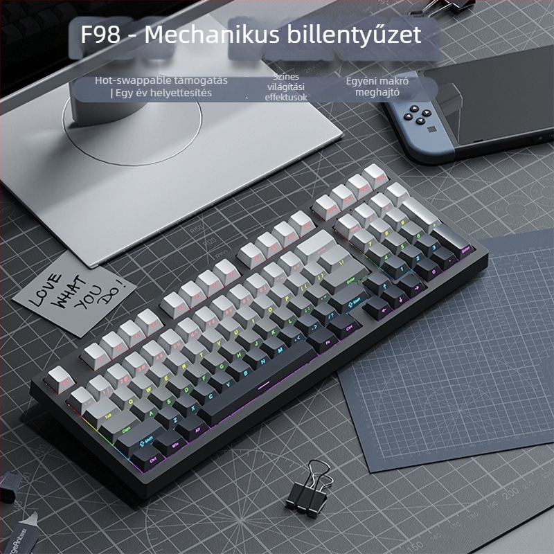 Gaming mechanikus billentyűzet zöld kapcsolókkal, 98+ billentyű, vezetékes USB-C csatlakozás, RGB háttérvilágítás