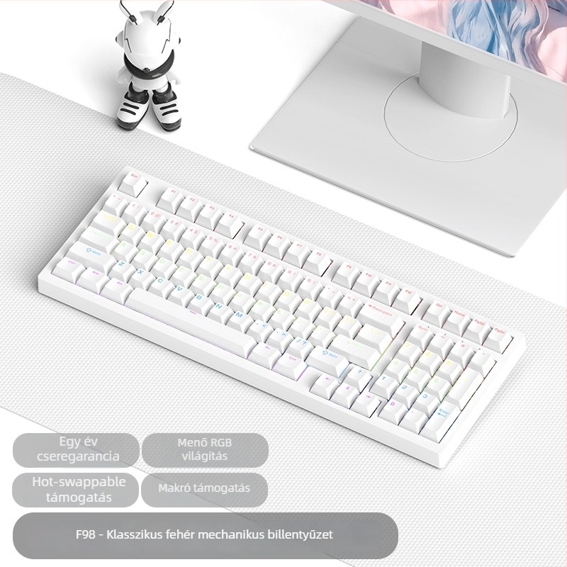 Gaming mechanikus billentyűzet zöld kapcsolókkal, 98+ billentyű, vezetékes USB-C csatlakozás, RGB háttérvilágítás
