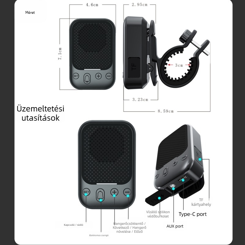 2 az-1-ben Bluetooth hangszóró kerékpározáshoz és kültéri használatra, mini, IPX7 vízálló, Bluetooth 5.3, 3W, 100 Hz-20 kHz, beépített 500-800 mAh