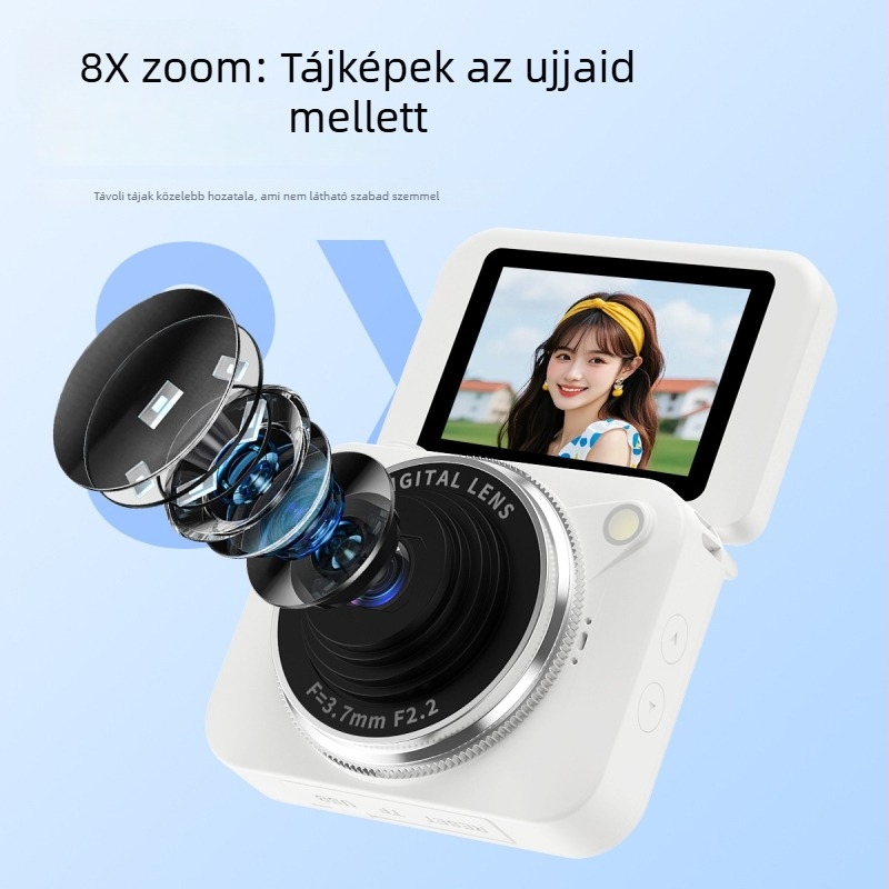Selfie-kamera 8 MP CMOS-szenzorral, 8x optikai zoom, forgatható LCD, elektronikus képstabilizáció, arcprioritás