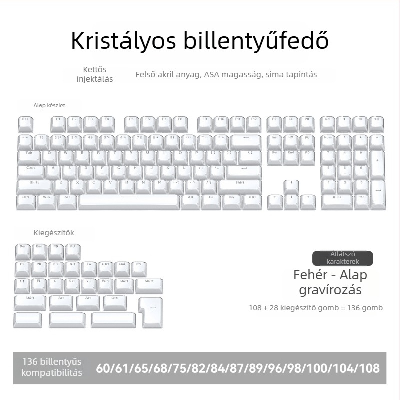 Kereszttengelyes mechanikus billentyűzet | Kristálytiszta gravírozott PC keycaps, 136-teszes teljes készlet, vezetékes csatlakozás, vízálló