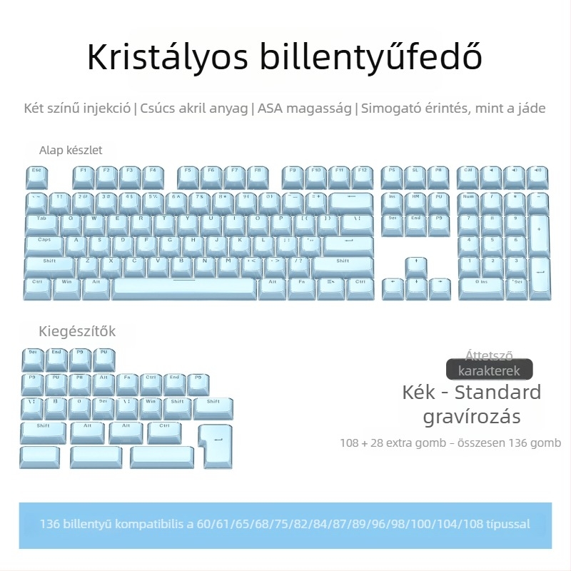 Kereszttengelyes mechanikus billentyűzet | Kristálytiszta gravírozott PC keycaps, 136-teszes teljes készlet, vezetékes csatlakozás, vízálló