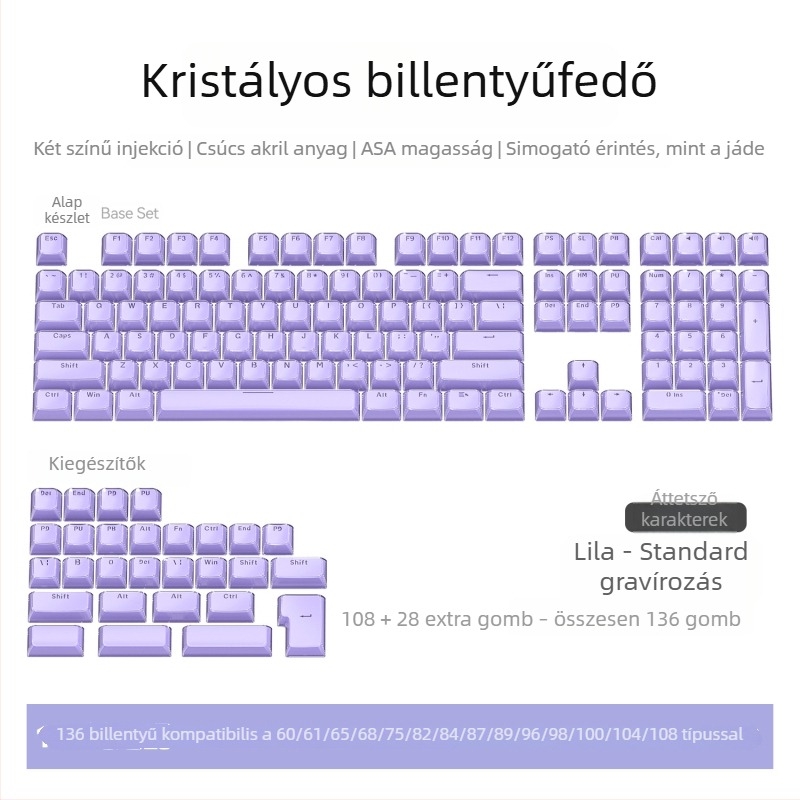 Kereszttengelyes mechanikus billentyűzet | Kristálytiszta gravírozott PC keycaps, 136-teszes teljes készlet, vezetékes csatlakozás, vízálló
