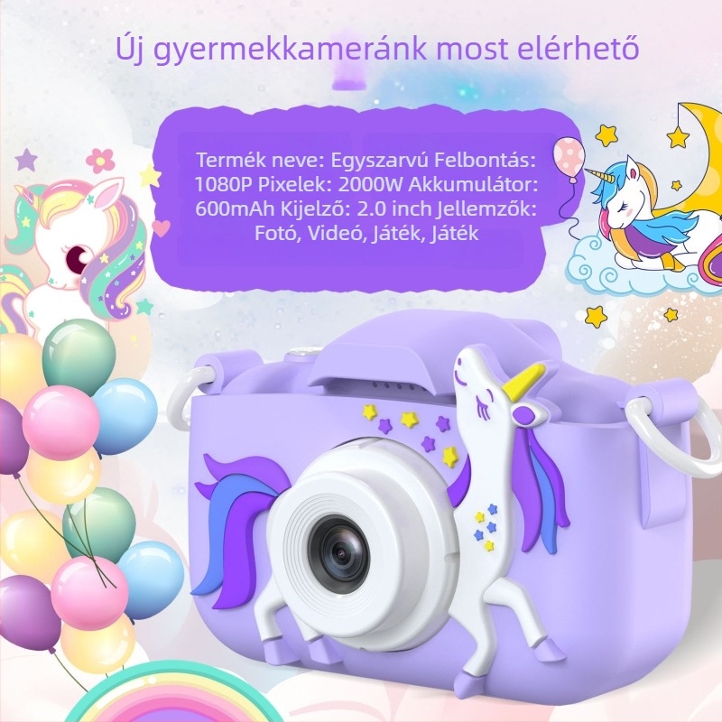 H11 Gyerekeknek szánt digitális kamera kettős objektívvel – egyszarvú mesefigura, 5–12 MP, 2,0'' IPS szemkímélő kijelző, 3–5 órás üzemidő