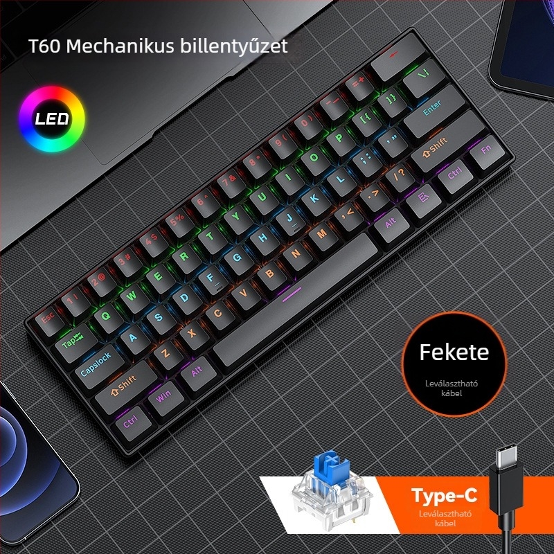 T-wolf T60 mechanikus billentyűzet, 61 gomb, USB kábeles csatlakozás, RGB megvilágítás, testreszabás támogatott