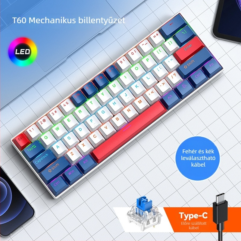 T-wolf T60 mechanikus billentyűzet, 61 gomb, USB kábeles csatlakozás, RGB megvilágítás, testreszabás támogatott