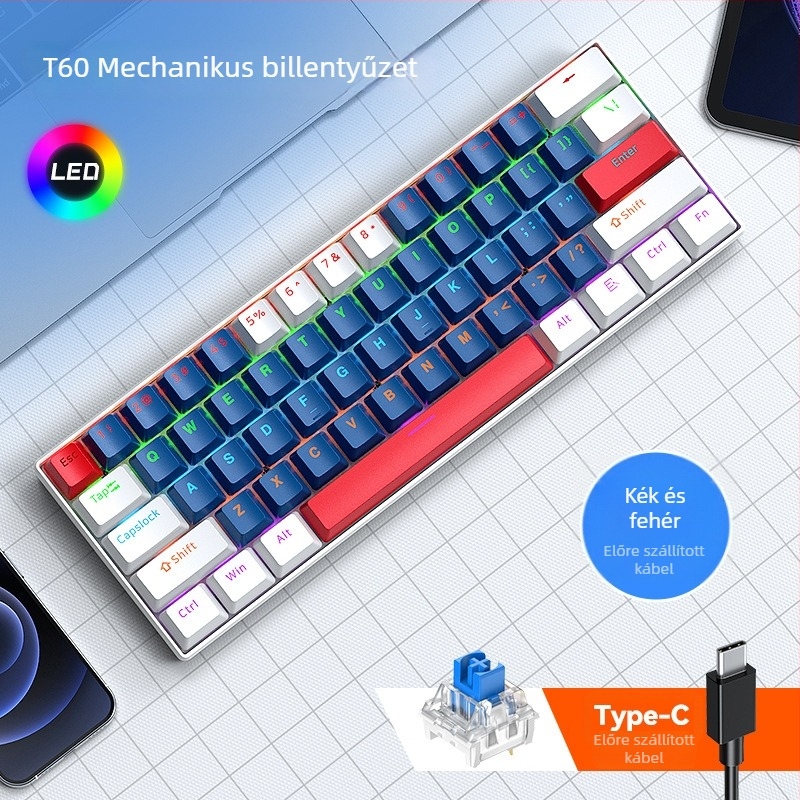 T-wolf T60 mechanikus billentyűzet, 61 gomb, USB kábeles csatlakozás, RGB megvilágítás, testreszabás támogatott