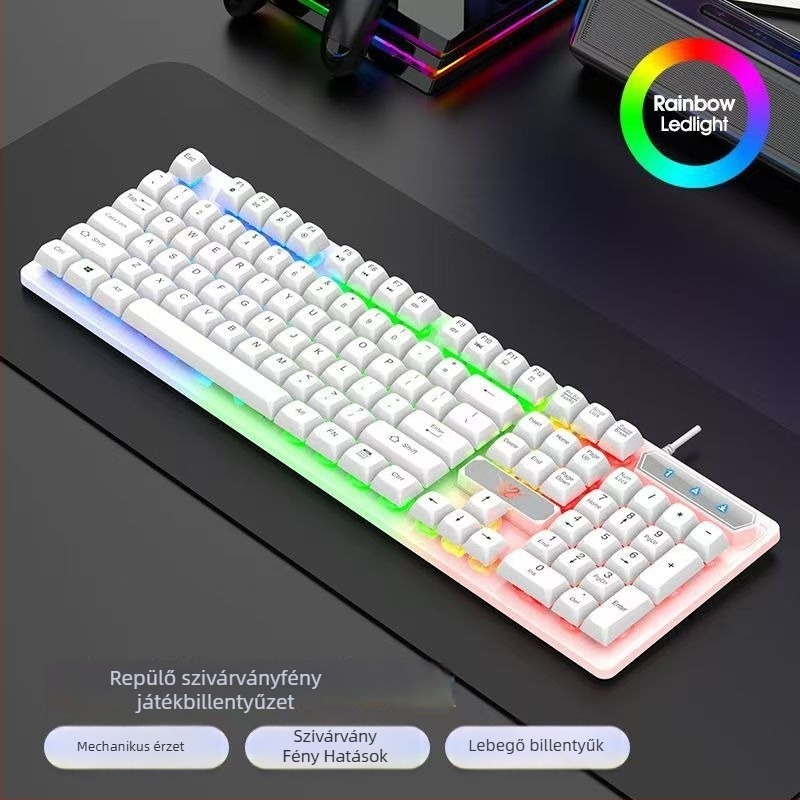 K5 RGB háttérvilágítású vezetékes billentyűzet, 104 gomb, tenyér-támasz, USB-kábel 1,35 m