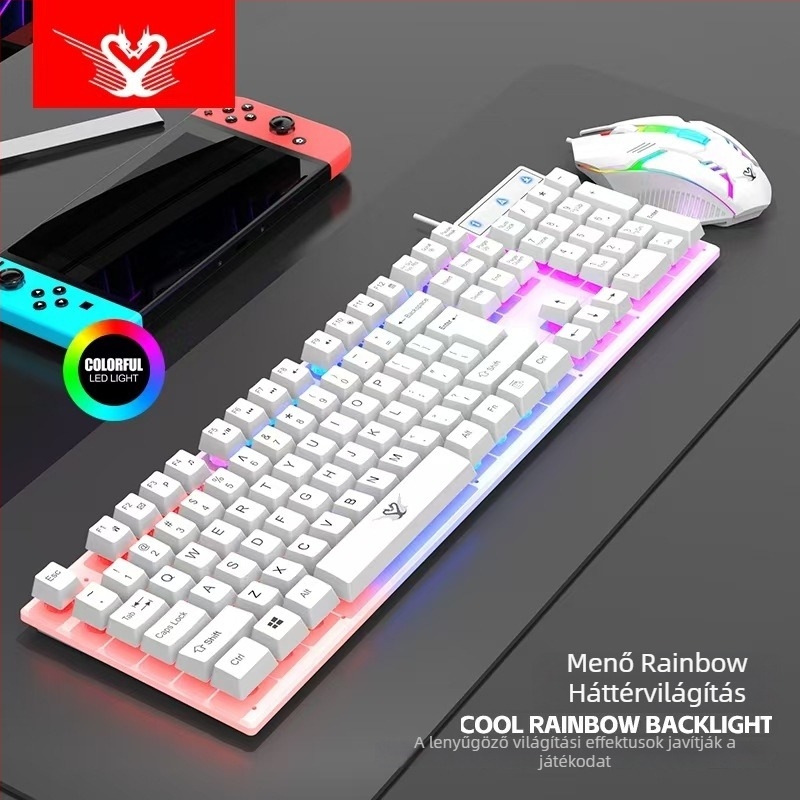 K5 RGB háttérvilágítású vezetékes billentyűzet, 104 gomb, tenyér-támasz, USB-kábel 1,35 m