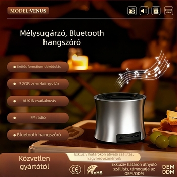 Fém házú mini Bluetooth hangszóró, Bluetooth 5.0, 5W, beépített akkumulátor 500-800 mAh, frekvencia-tartomány 100 Hz-20 kHz, SNR ≥95 dB