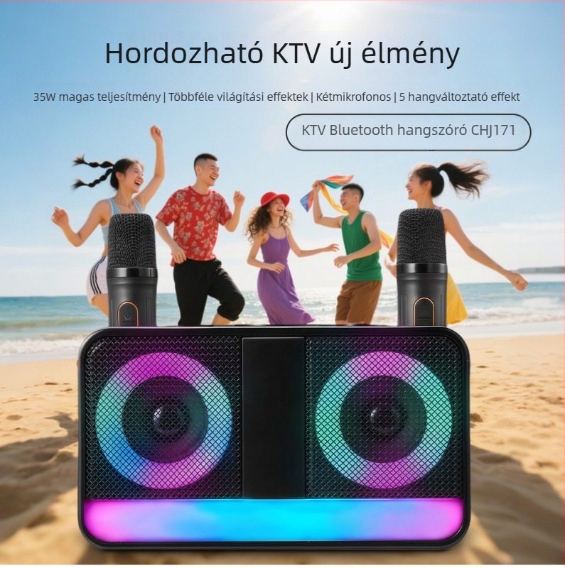 Karaoke Bluetooth hangszóró, hordozható kültéri használatra, 35W, két hangszóró, beépített akkumulátor, Bluetooth 5.1, frekvenciasáv 100Hz-20kHz, mikrofon a csomagban