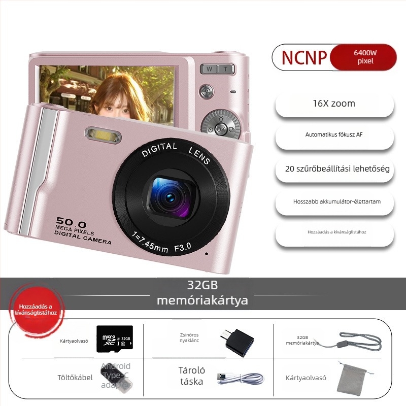 NCNPccd Digitális kamera 64MP szenzorral, 16x optikai zoom, fix objektív, optikai képstabilizálás – HD utazó kamera