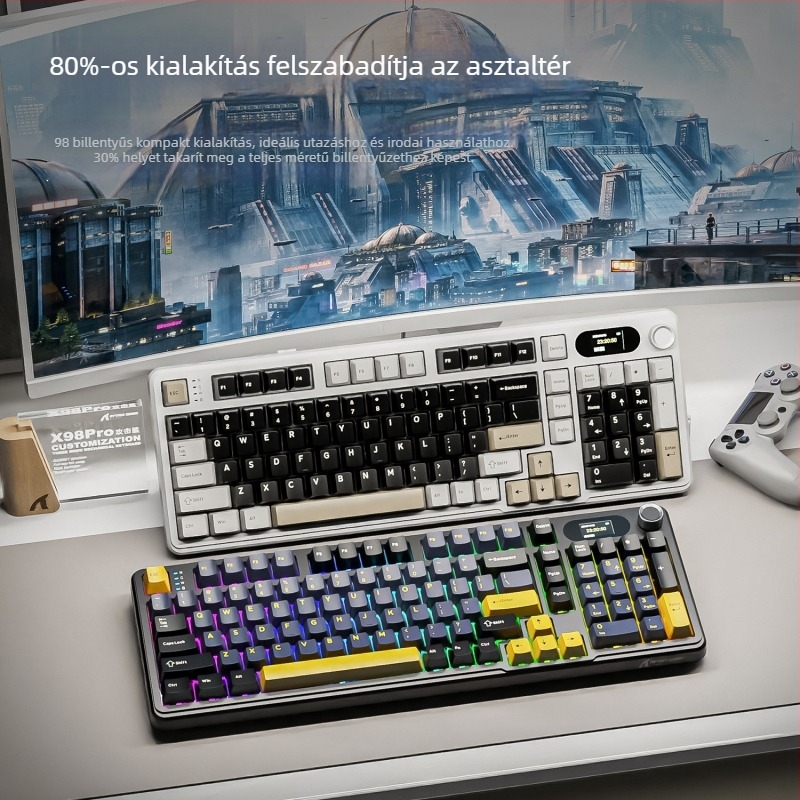 Attack Shark X98Pro mechanikus billentyűzet RGB háttérvilágítással, három üzemmódú kapcsolódás (kábeles/Bluetooth/wireless), több than 98 billentyű, Blueberry kapcsolók, ABS ház