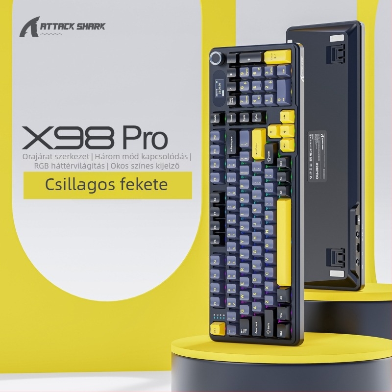 Attack Shark X98Pro mechanikus billentyűzet RGB háttérvilágítással, három üzemmódú kapcsolódás (kábeles/Bluetooth/wireless), több than 98 billentyű, Blueberry kapcsolók, ABS ház