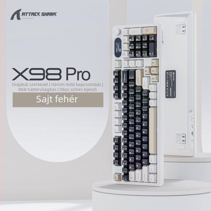 Attack Shark X98Pro mechanikus billentyűzet RGB háttérvilágítással, három üzemmódú kapcsolódás (kábeles/Bluetooth/wireless), több than 98 billentyű, Blueberry kapcsolók, ABS ház