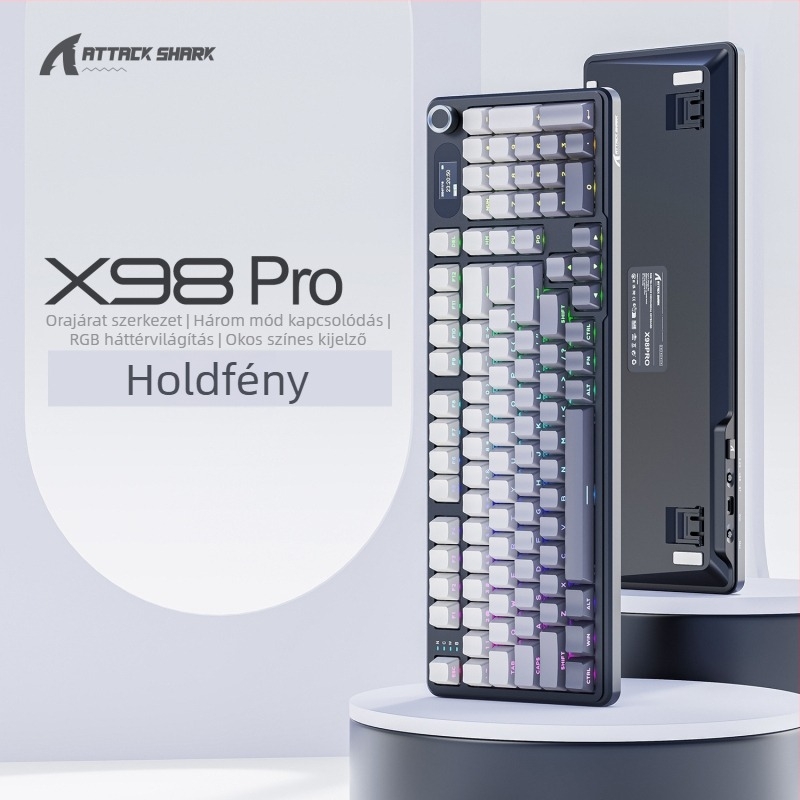 Attack Shark X98Pro mechanikus billentyűzet RGB háttérvilágítással, három üzemmódú kapcsolódás (kábeles/Bluetooth/wireless), több than 98 billentyű, Blueberry kapcsolók, ABS ház