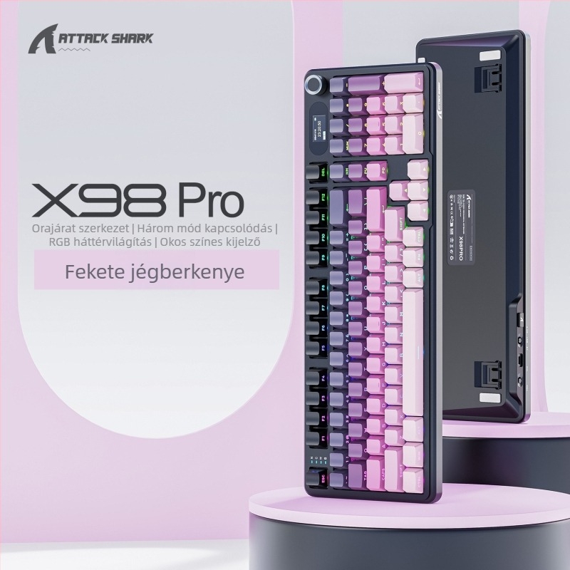 Attack Shark X98Pro mechanikus billentyűzet RGB háttérvilágítással, három üzemmódú kapcsolódás (kábeles/Bluetooth/wireless), több than 98 billentyű, Blueberry kapcsolók, ABS ház