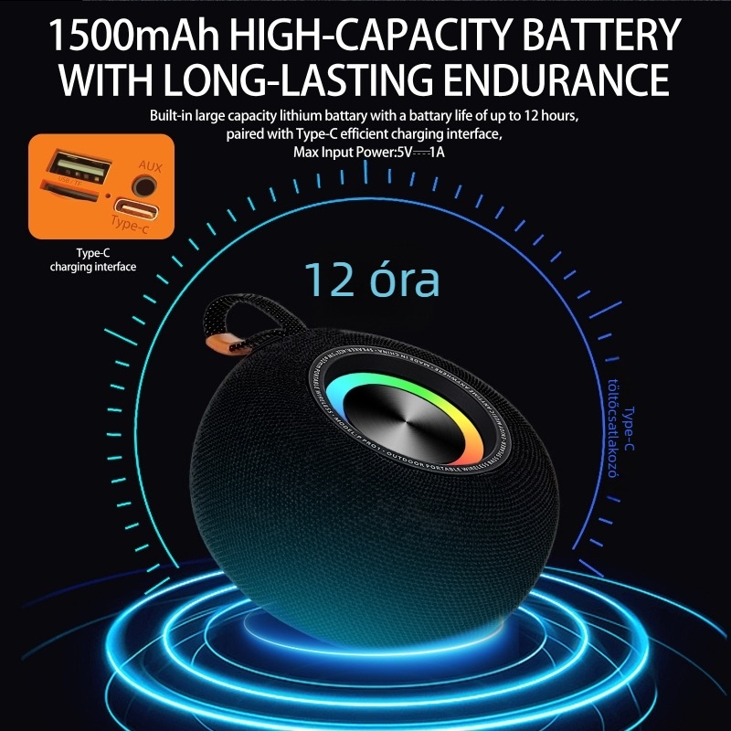 Kör alakú vezeték nélküli Bluetooth hangszóró kártyahellyel, kültéri hordozható sztereó, 2 hangszóróval (BT 5.3, 10W, 100 Hz–20 kHz, IPX4, 1200–2000 mAh)