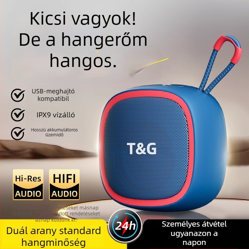 Mini Bluetooth hangszóró kártyahely, Bluetooth 5.0, IPX7 vízálló, beépített 500–800 mAh akkumulátor, frekvencia-válasz 100 Hz–20 kHz, SNR ≥70 dB
