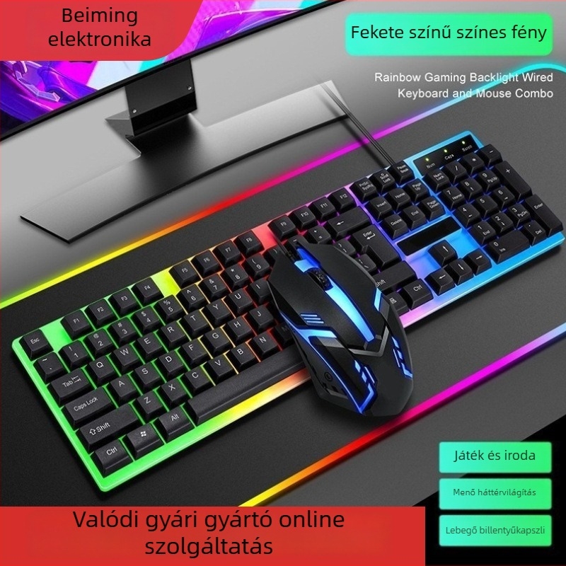 Játékbillentyűzet és egér szett RGB háttérvilágítással, vezetékes USB csatlakozás, több mint 98 billentyű, csuklótámasz