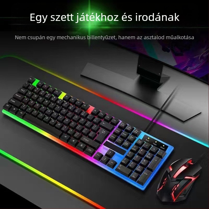 Játékbillentyűzet és egér szett RGB háttérvilágítással, vezetékes USB csatlakozás, több mint 98 billentyű, csuklótámasz