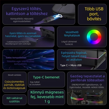 Mágneses egér töltőállomás, kompatibilis Logitech G502-vel, USB interfész, 1,8 m kábelhossz, tömeg 150 g