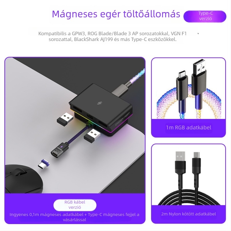Mágneses egér töltőállomás, kompatibilis Logitech G502-vel, USB interfész, 1,8 m kábelhossz, tömeg 150 g