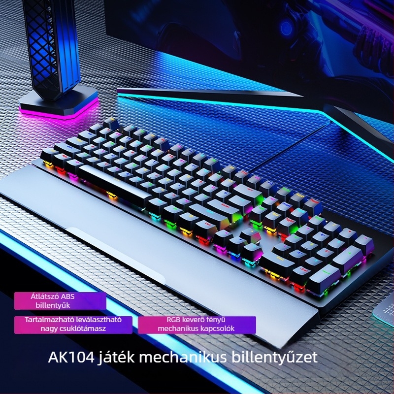 AK104 mechanikus billentyűzet, 104 gomb, kábeles csatlakozás, RGB háttérvilágítás, csuklótámasz, vízálló