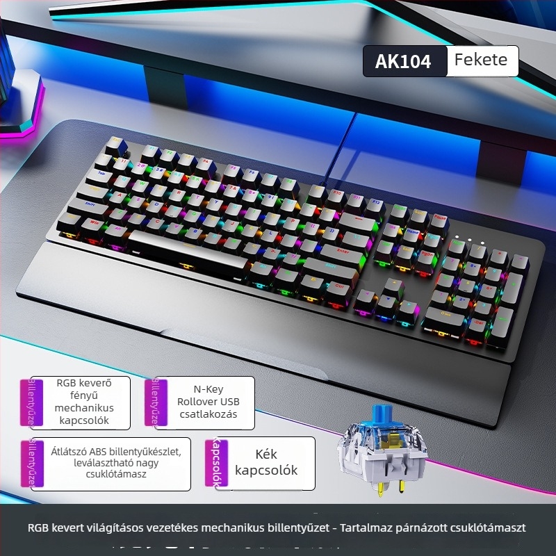 AK104 mechanikus billentyűzet, 104 gomb, kábeles csatlakozás, RGB háttérvilágítás, csuklótámasz, vízálló