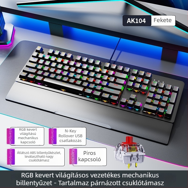 AK104 mechanikus billentyűzet, 104 gomb, kábeles csatlakozás, RGB háttérvilágítás, csuklótámasz, vízálló