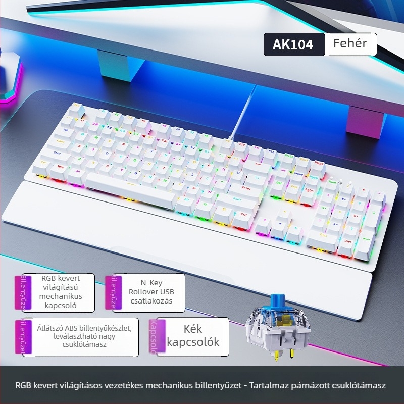 AK104 mechanikus billentyűzet, 104 gomb, kábeles csatlakozás, RGB háttérvilágítás, csuklótámasz, vízálló