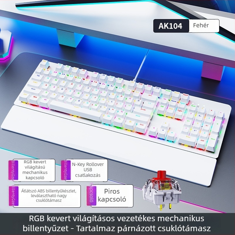 AK104 mechanikus billentyűzet, 104 gomb, kábeles csatlakozás, RGB háttérvilágítás, csuklótámasz, vízálló