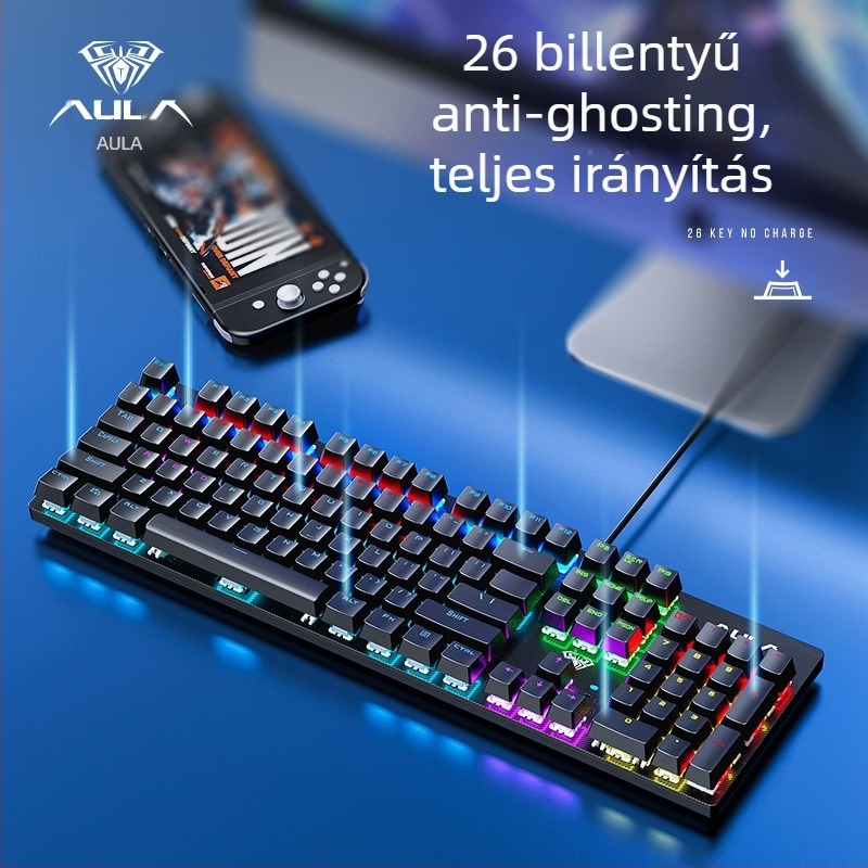 S2022 Vezetékes gaming mechanikus billentyűzet zöld kapcsolókkal, USB, több mint 98 billentyű, 1,6 m kábel, RGB háttérvilágítás