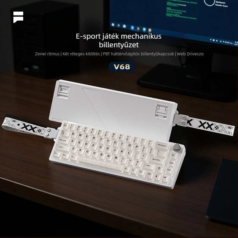 Mechanikus billentyűzet, 68 gomb, vezetékes USB, RGB háttérvilágítás, fehér kapcsolók