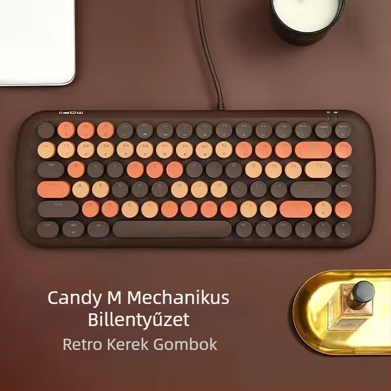 Kábeles mechanikus billentyűzet és egér készlet, punk retro kerek billentyűkkel, USB billentyűzet és USB egér