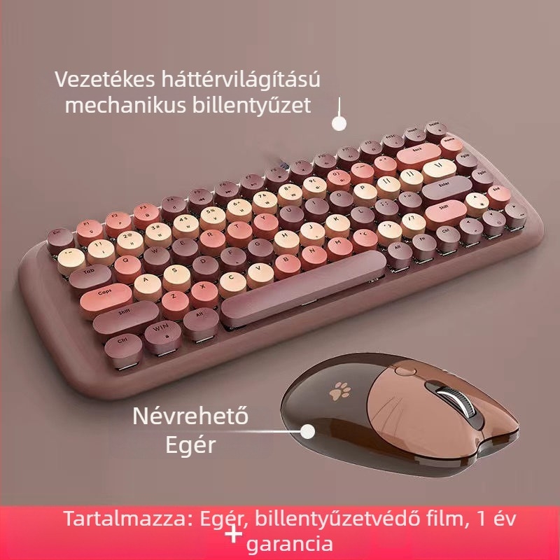Kábeles mechanikus billentyűzet és egér készlet, punk retro kerek billentyűkkel, USB billentyűzet és USB egér